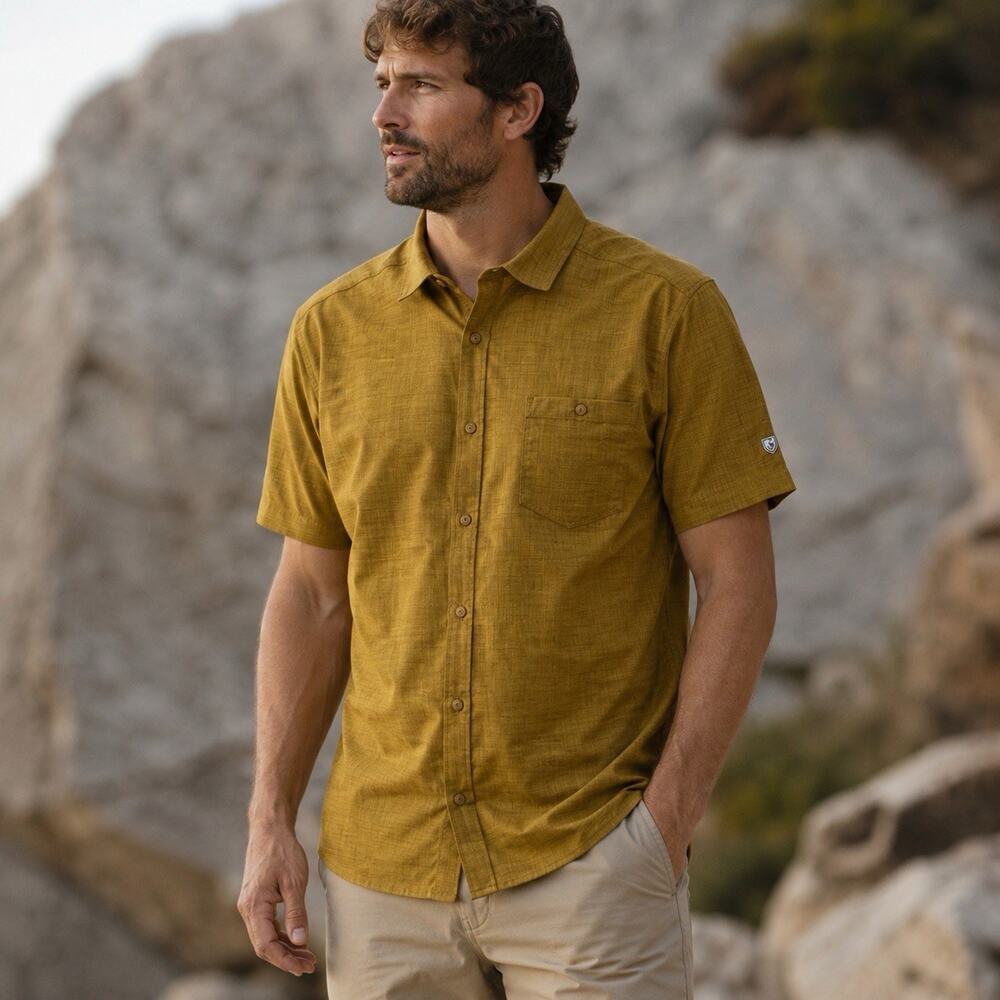 Kuhl Persuadr Shirt Mens Large Mustard Gold Short Sleeve UPF 50 Hiking 7428 L